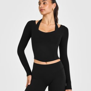 Mellow™ Rib V Neck Mid Long Sleeve Top Black